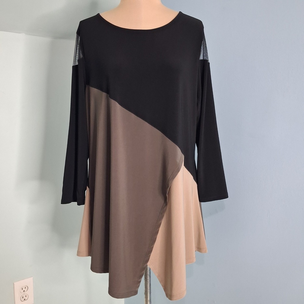 Lior‎ Paris Colorblock Tunic Top Black Taupe Mesh Shoulder Asymmetrical Hem L